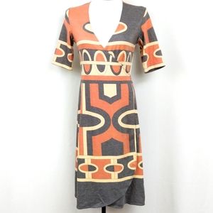 Paganne Wrap Dress Short Sleeve  Geometric Art Deco Gray Orange Packable XS NWT